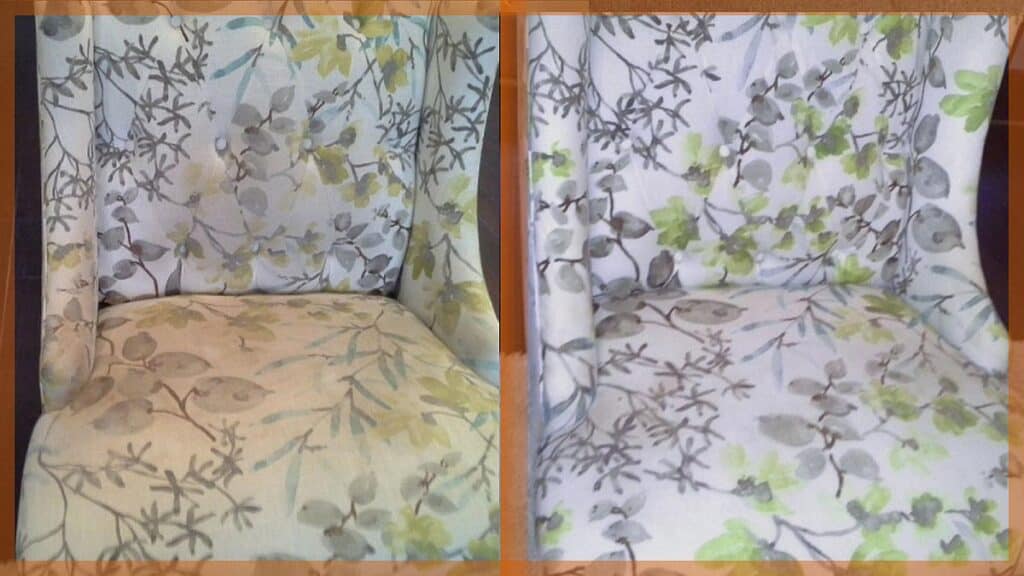 A badly stained fabric chair cleaned up.