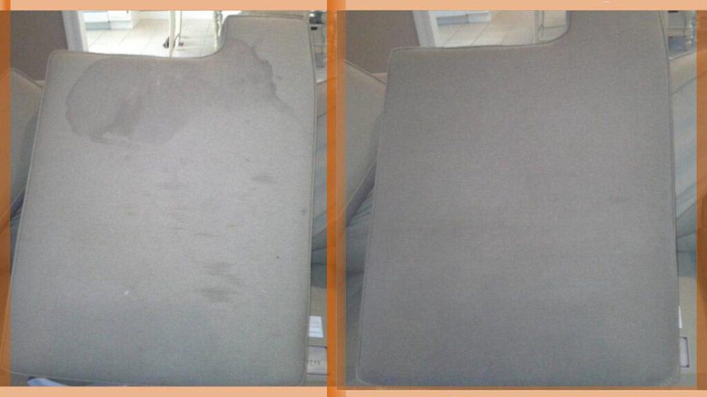 Nasty stain cleaned on this gray fabric upholstery.