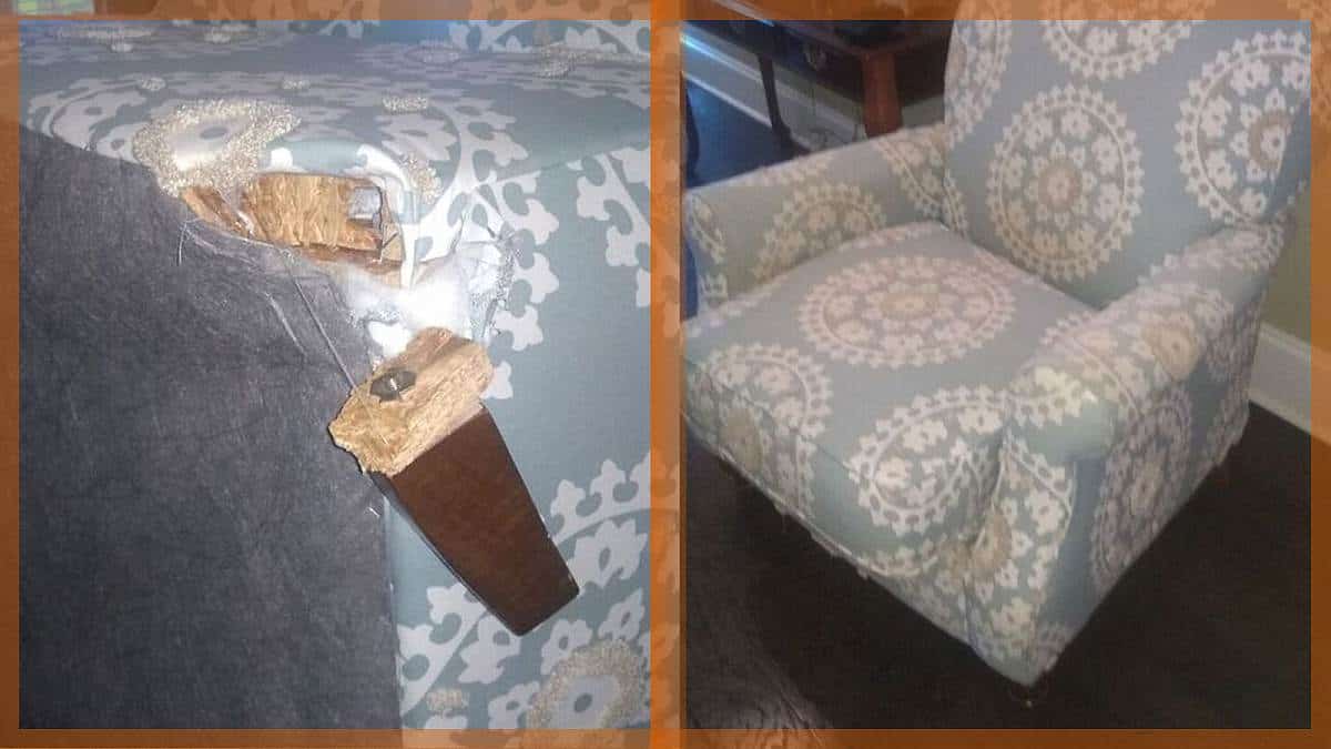 The leg broke off this fabric covered chair.