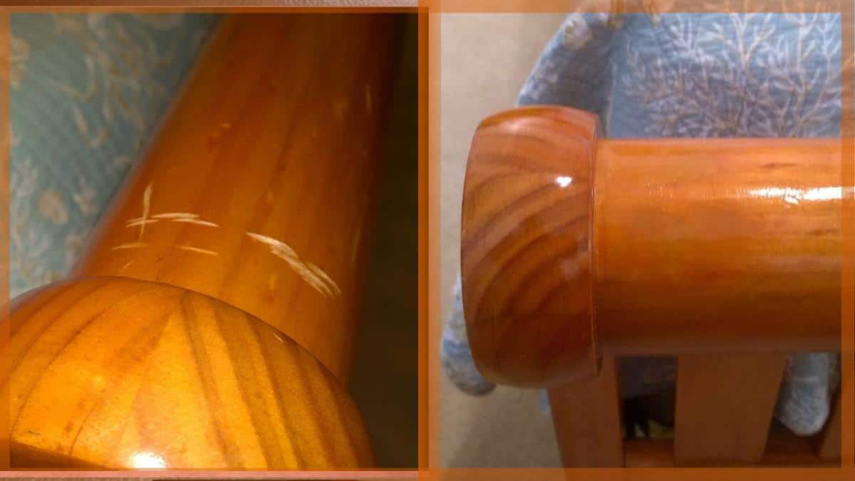 Gouged wood footboard repaired