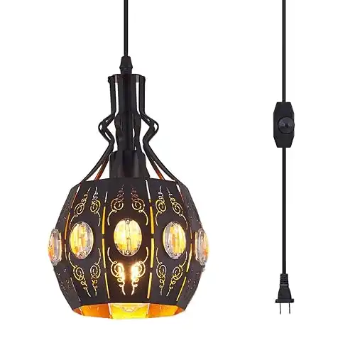 YLONG-ZS Hanging Lamp Swag Lights Plug in Pendant Light,Hanging Lights with Plug in Cord Small Black Vintage Rustic Dimmable Hanging Ceiling Lamp for Corner Restaurant Living Room Bedroom