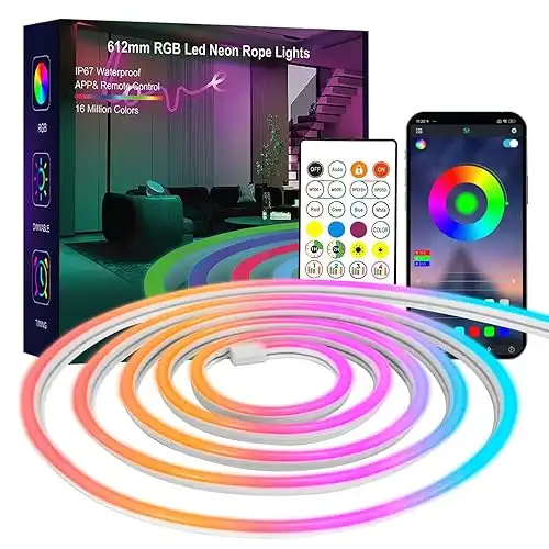 Neon Rope Lights, 20FT RGB Led Strip Lights, Waterproof IP67, DIY Design, Music Sync, 24 Keys Remote Control, Multiple Modes,for Living Room, Bedroom, Holiday Decoration