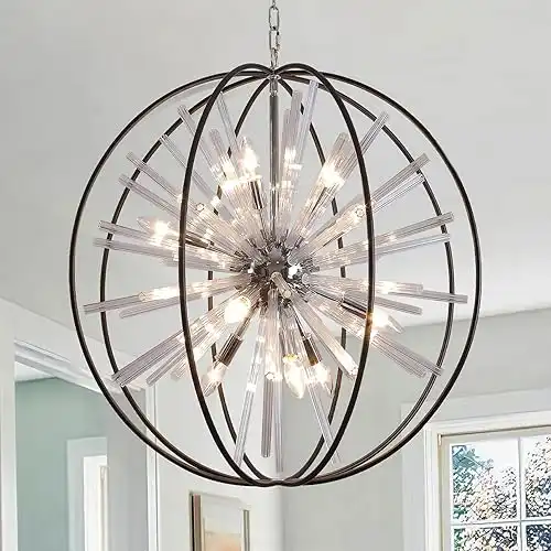 D27 Black Modern Foyer Entryway Chandelier 12-Lights Globe Crystal Sputnik Firework Pendant Light for High Ceiling Entrance, Hallway, Staircase, Kitchen Island, Dining Room, Living Room