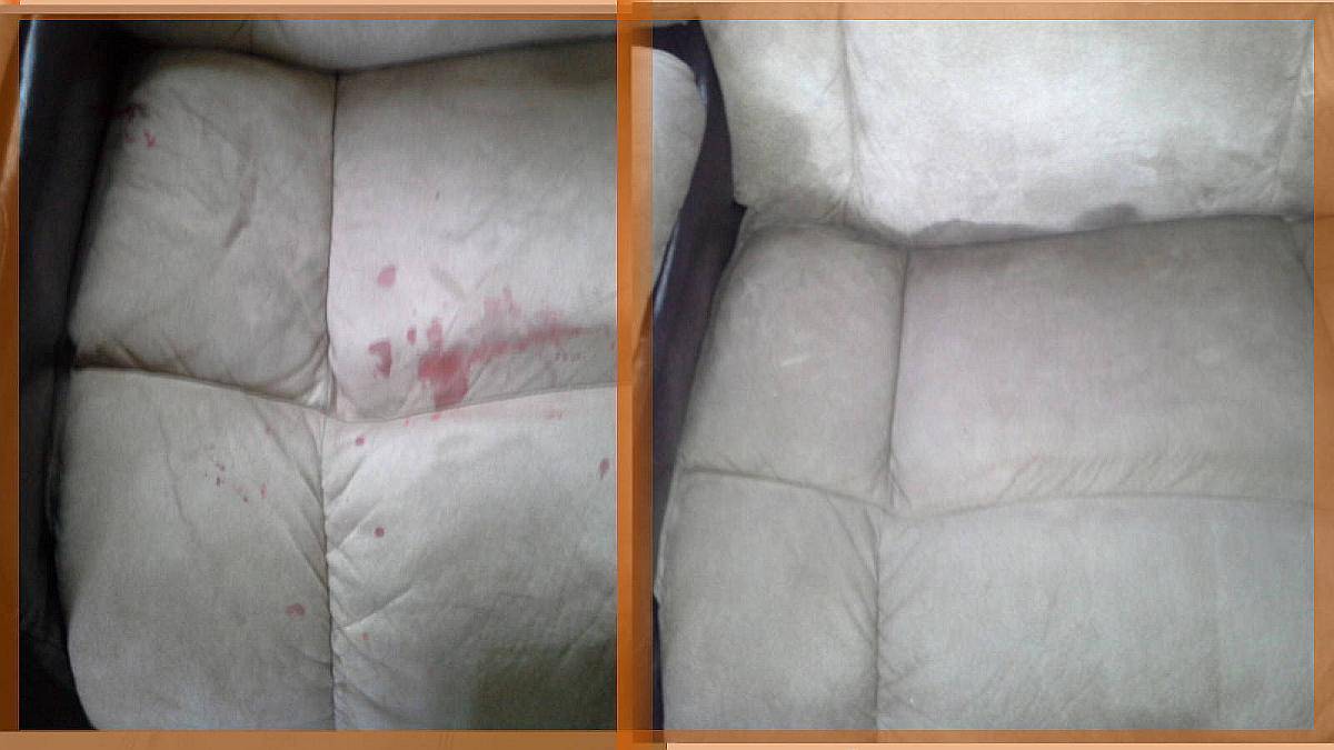 Before and after of red drink spill on a gray plush couch