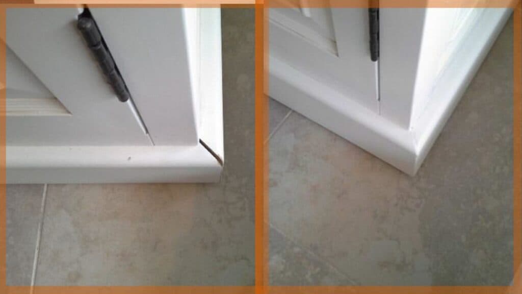 A Corner Trim Split Repaired on this White Painted Cupboard